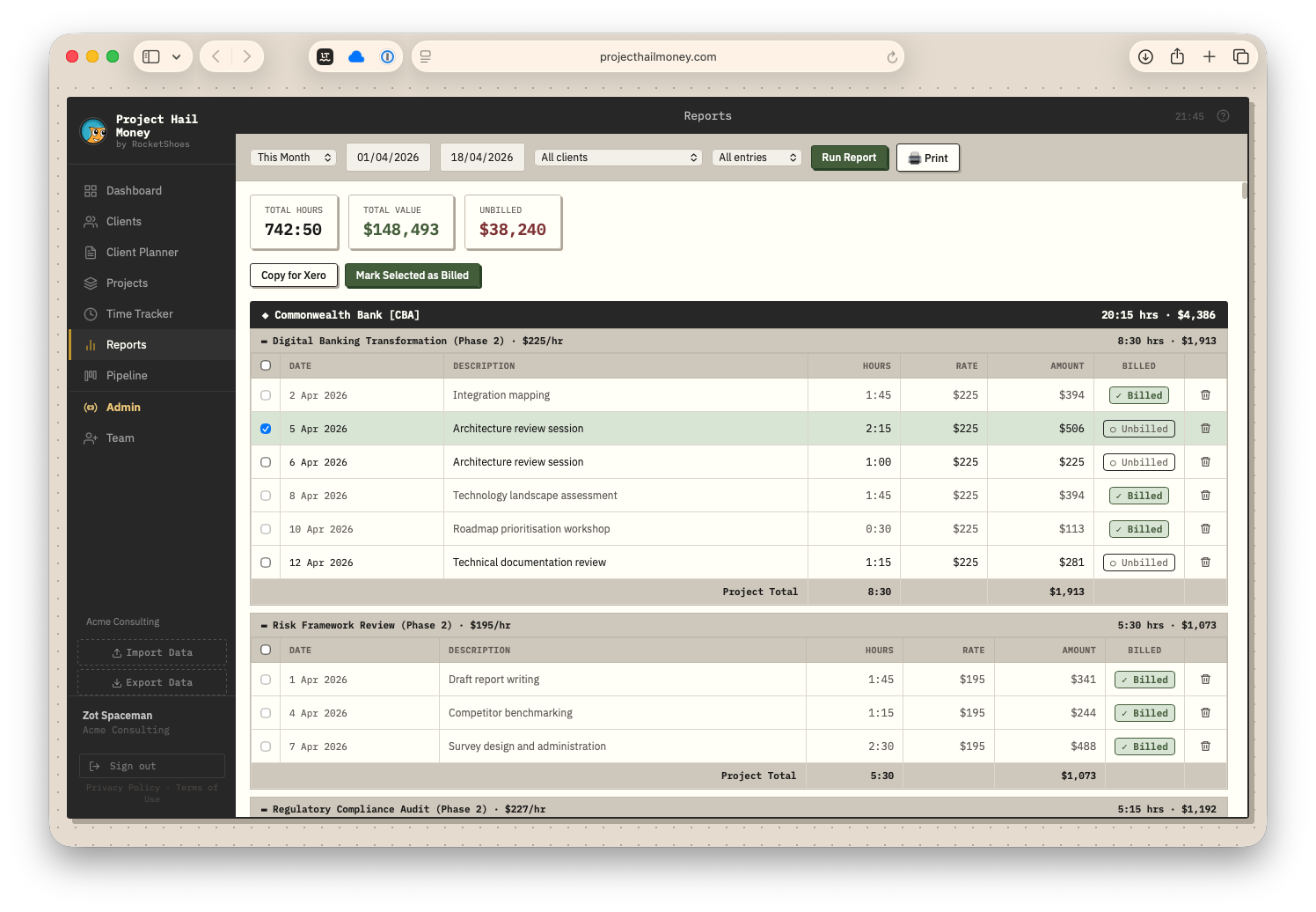 Project Hail Money app — client and project dashboard