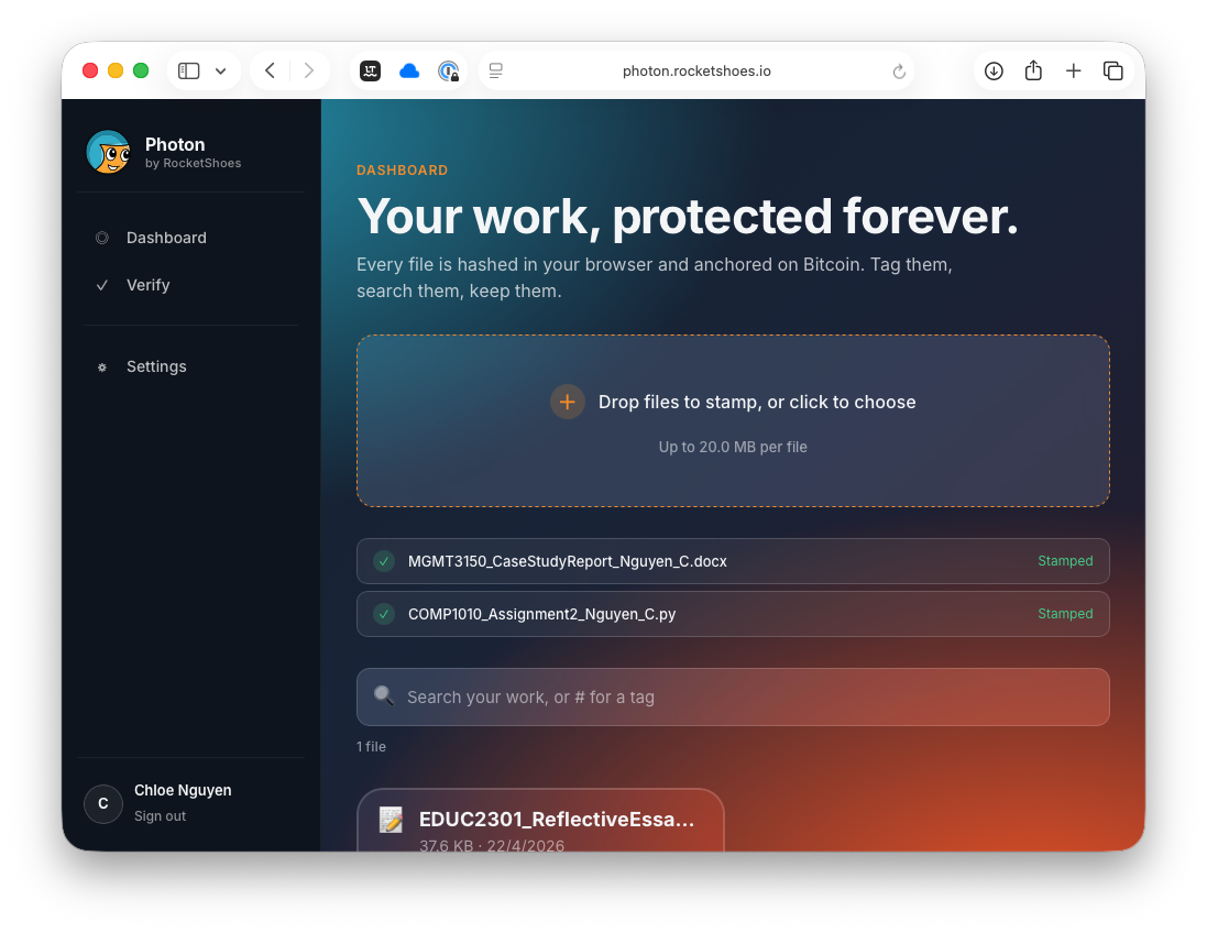 Photon app — stamp detail view showing file hash and Bitcoin status